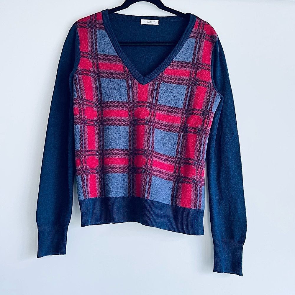 Equipment Navy Blue Red Preppy Plaid V-Neck Sweater Wool Yak Blend Size Small